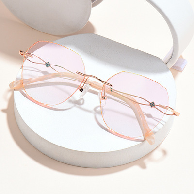 Round face face without makeup Blue light Pingguang glasses Frameless Diamonds Trimming glasses Plain glasses Blue light colour Lens