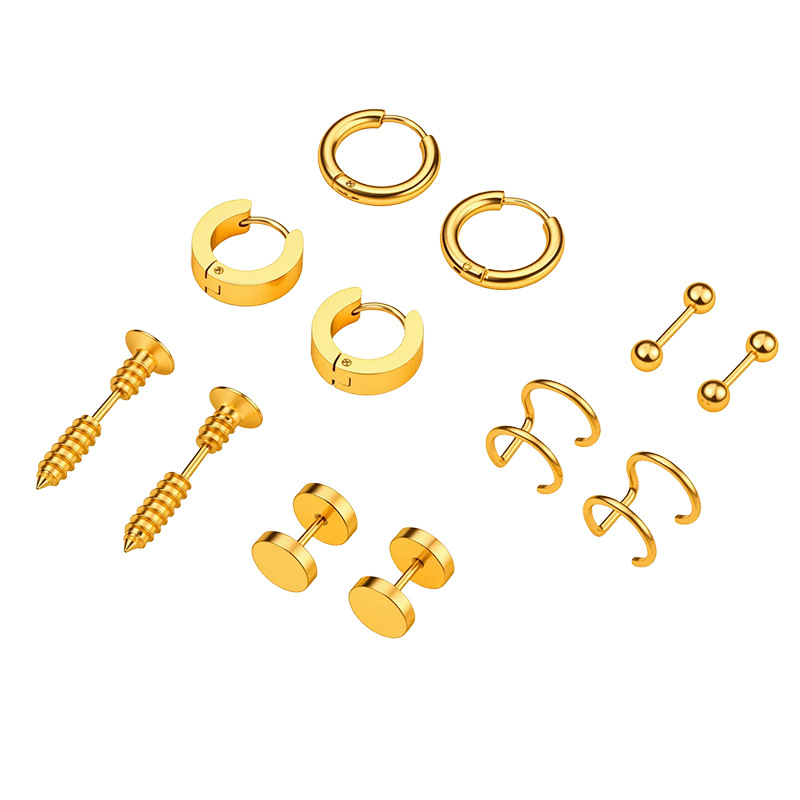 Cross-Border Fashion Stainless Steel Earrings 12-Piece Set European and American Style Niche Fashion Men's Ear Buckle Barbell Ear Clip Earrings