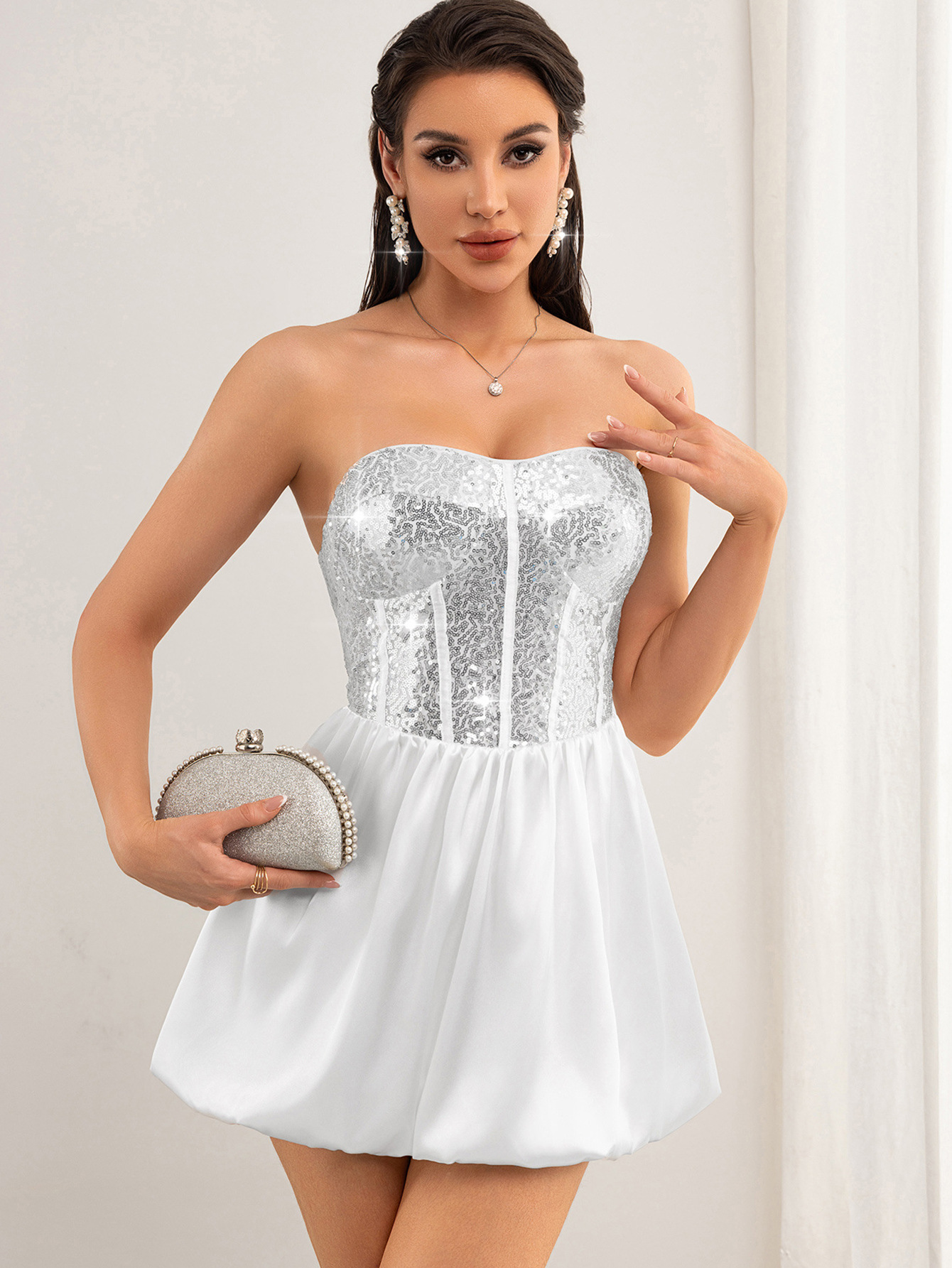 Women Clothing Sexy Backless Sequined White Dress Short Dress Summer