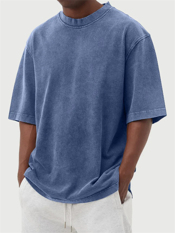 2025 新しいクロスボーダー Amazon AliExpress 春夏メンズウォッシュドカラーダメージソリッドカラープルオーバーショート Tシャツ|undefined