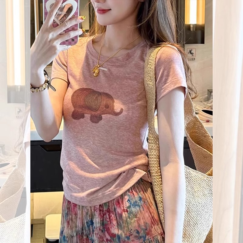 Korean Pink Elephant Print Right Shoulder Short-Sleeved T-Shirt for Women Summer Thin Small Slim Slim Short Top