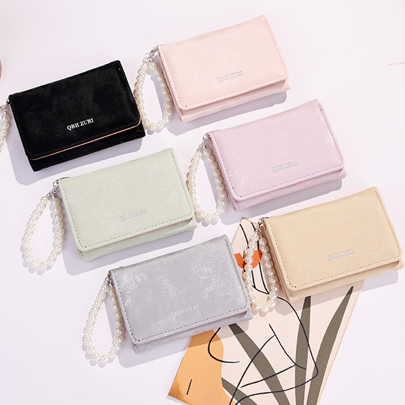 Women's Short Wallet 2026 New Model with Pearl Chain Velvet Card Holder Large Capacity Small 70% off Women's Wallet Money Clip