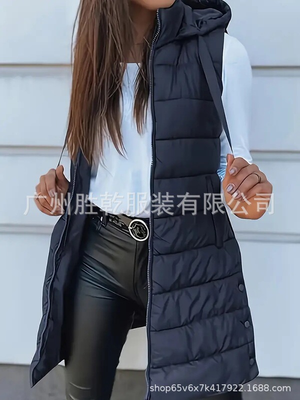 跨境爆款欧美2025亚马逊外贸纯色连帽拉链棉马甲外套女装中长款女|undefined
