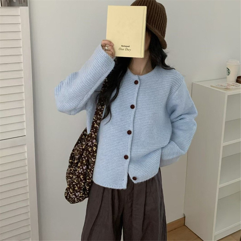 韩系温柔风圆领毛衣外套女秋冬新款宽松设计感单排扣针织开衫上衣|undefined