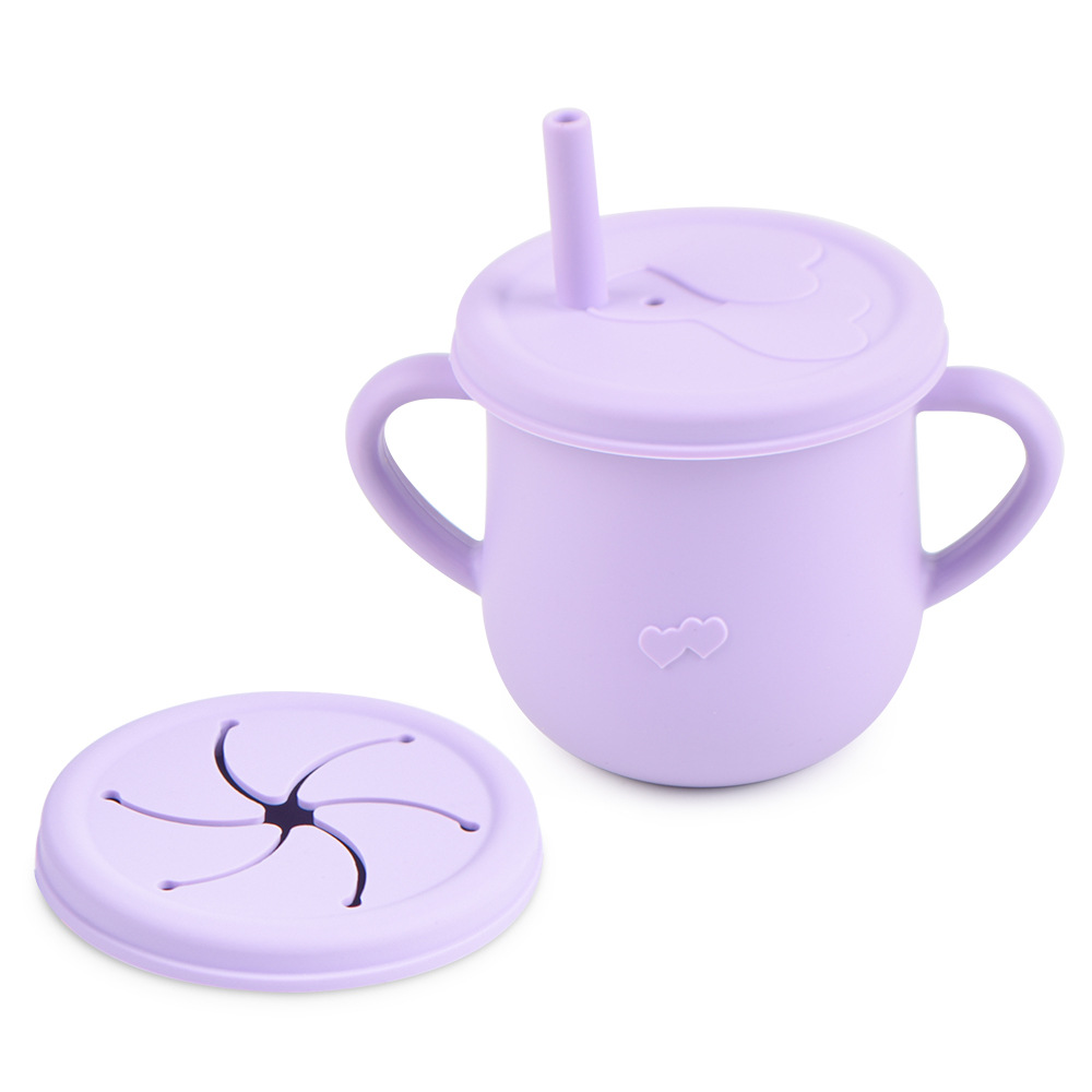 Silicona de grado alimenticio para niños snack Cup mango binaural portátil resistente a la caída con taza de paja de bebé taza de bebida de silicona