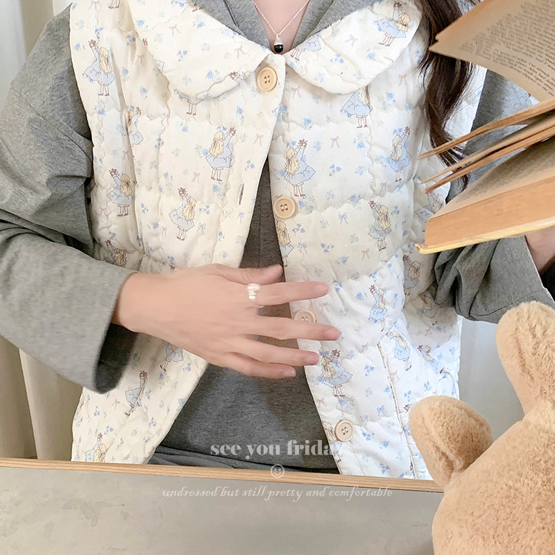 三层绗棉娃娃领夹棉马甲小熊碎花印花秋冬可外穿睡衣女2025新款