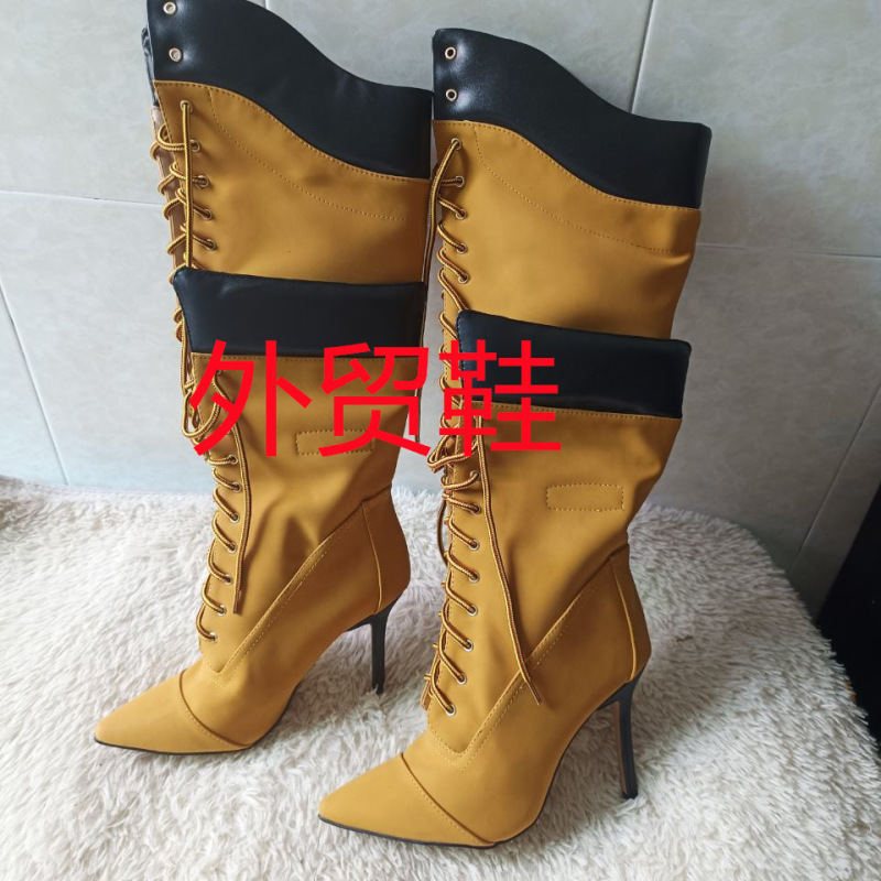 European Station Color-block Strap Detachable Pointed Thin Heel Show Knee High Heel Women Boots