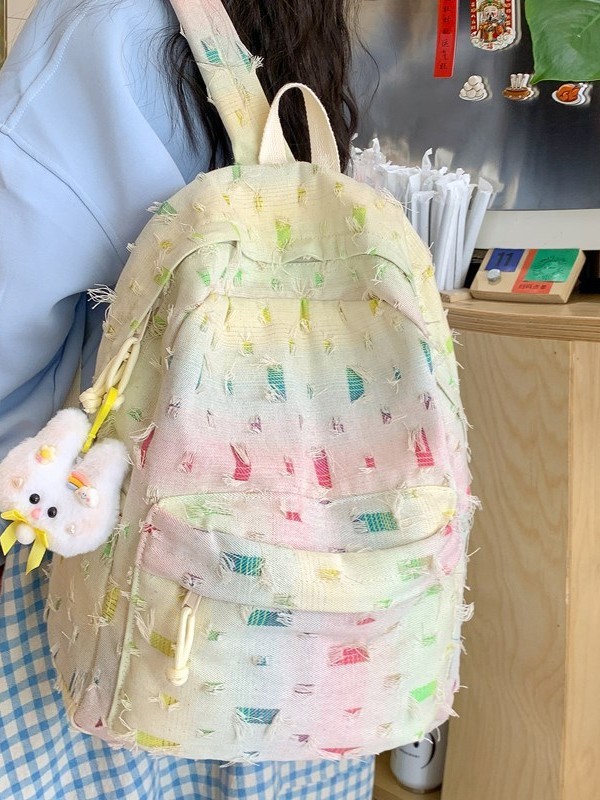 見栄えの良いカレッジ多用途女子学生スターバックパックドーパミンカラーチェック柄大容量かわいいスクールバッグ|undefined