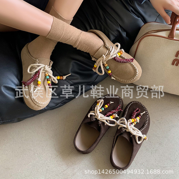 牛翻皮穆勒拖鞋女厚底博肯鞋秋冬新款真皮圆头系带串珠包头拖鞋女|undefined