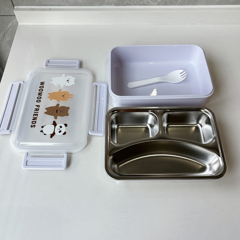 日系卡通304不锈钢饭盒保温加热便当盒饭菜分离带餐具午餐盒批发|undefined