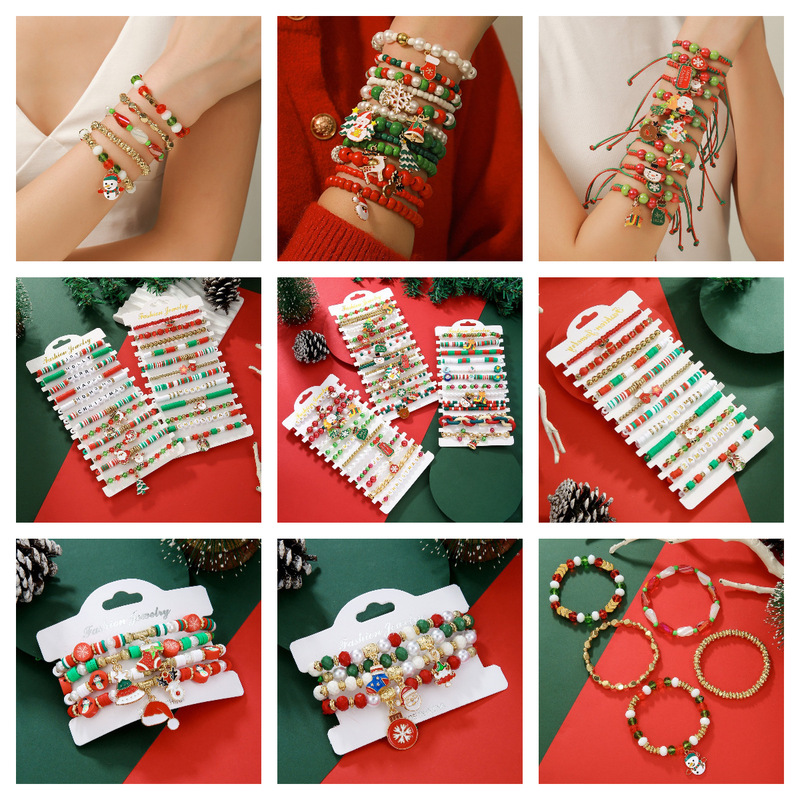 Cross-Border Christmas Bracelet Soft Pottery Cartoon Bell Pearl Bracelet Set Snowflake Tree Elk Pendant Beaded Jewelry