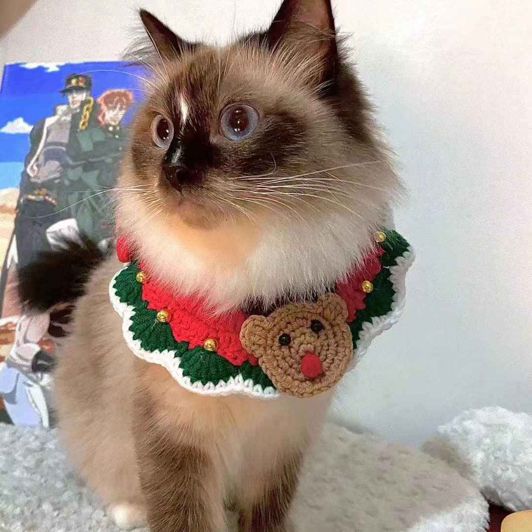 Christmas Santa Claus hand woven pet cat scarf bib kitten dog wool knitted scarf collar collar festival_voghion.com