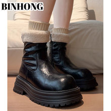 头层牛皮冬季羊毛加绒靴子保暖雪地靴粗跟短靴女棉靴厚底切尔西靴