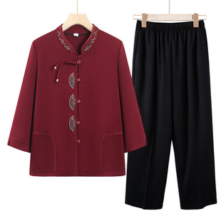 New Style Tang Suit Shirt for the Elderly Middle-aged Mother Spring and Autumn Waffe Top Two-piece Set Grandma Autumn suit