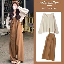 孕妇2025春秋新款时尚百搭显瘦背带阔腿裤两件套孕妇套装