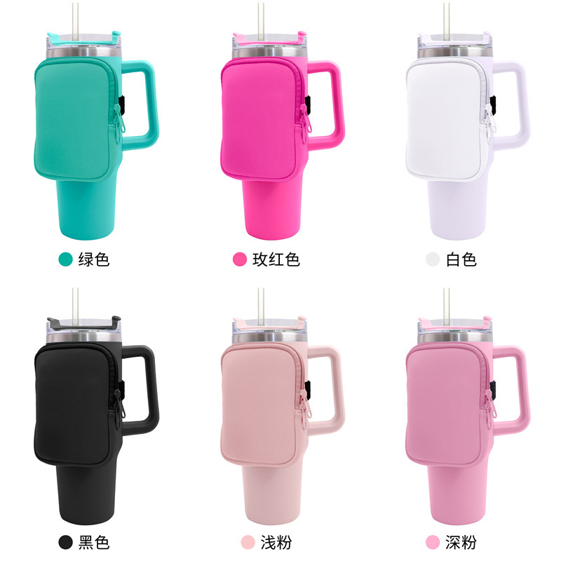 40oz Ice Cup Sleeve with Double Pockets, Car Handle, Water-Absorbent, Phone and Coin Holder, Stanley Cup Protective Cover, Portable