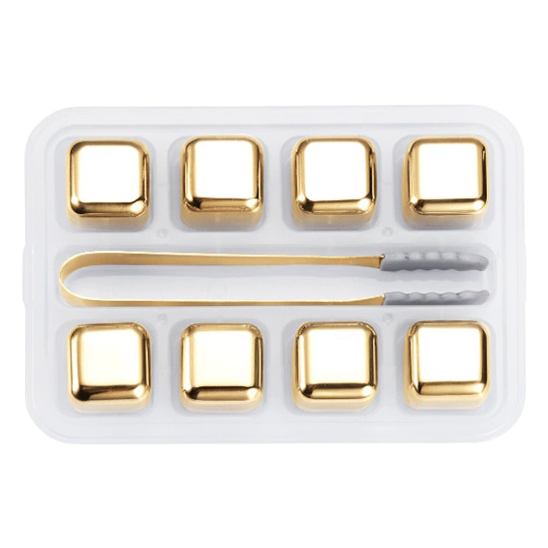 Тщательно отобранный набор для льда из золотистой нержавеющей стали 304, металлические камни для виски, кубики льда квадратной формы 27 мм.