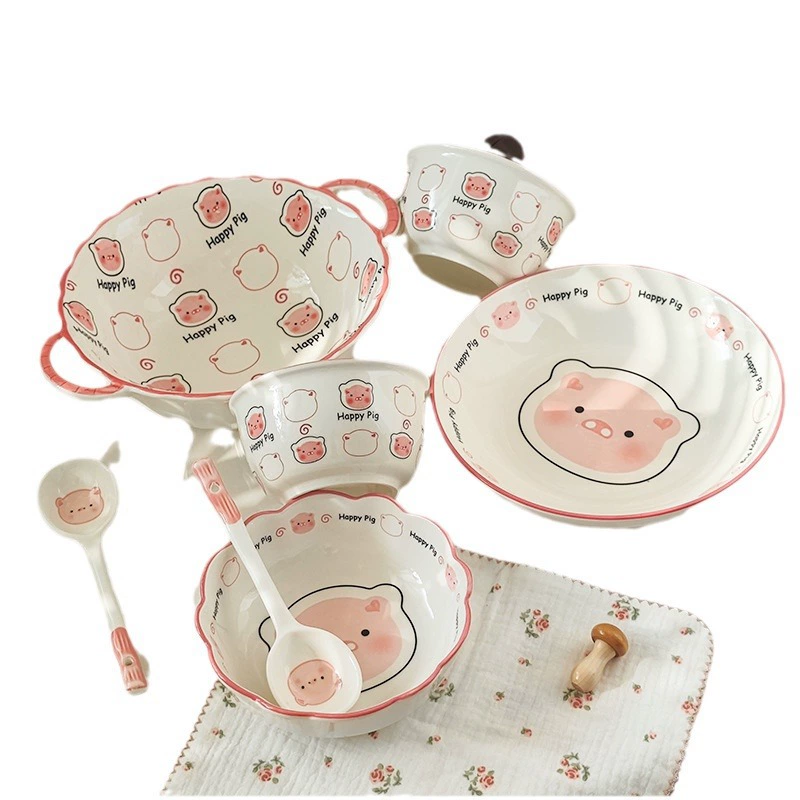 Ceramic Tableware Set, Cute Cartoon Pig Design, Home Dining Pieces (Various Sizes)