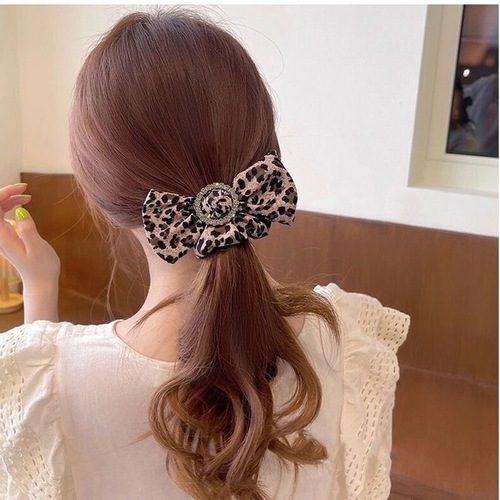 2pcs latin ballroom dance Leopard Bow Hair Tie Fashion Jewelry Hair Accessories Korean hair Rope Rhinestone Headdress back bun Hair Ring