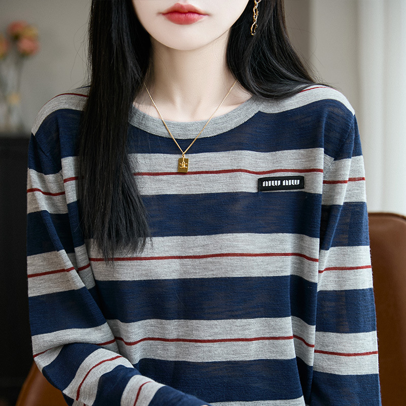 条纹圆领长袖t恤女2025新款韩系松弛感慵懒风设计感小众女装上衣|undefined