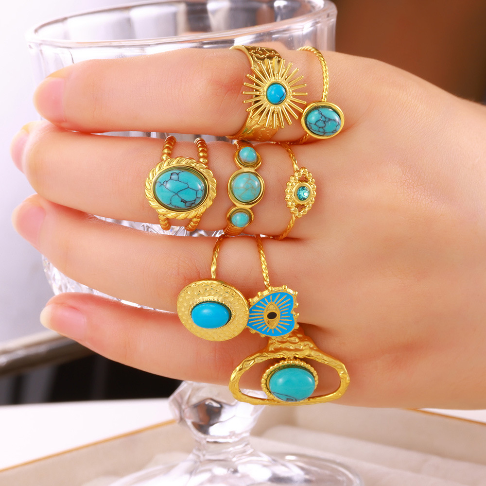 0.03µm Gold Plating Thickness Wholesale Jewelry Retro Devil's Eye Heart Shape 304 Stainless Steel Turquoise Plating Open Rings