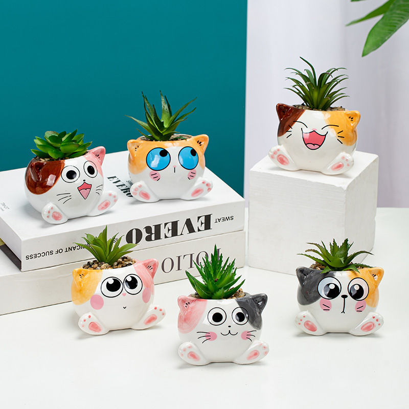 Nordic Ceramic Crafts Fashion Simple Fleshy Small Flower Pot Cute Cat Animal Hand-painted Green Plant Flower Vat Decoration Nordic Ceramic Crafts Fashion Simple Fleshy Small Flower Pot Cute Cat Animal Hand-painted Green Plant Flower Vat Decoration