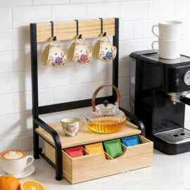 跨境木制台面茶叶包收纳架铁艺结合茶具套装置物架木制咖啡胶囊架