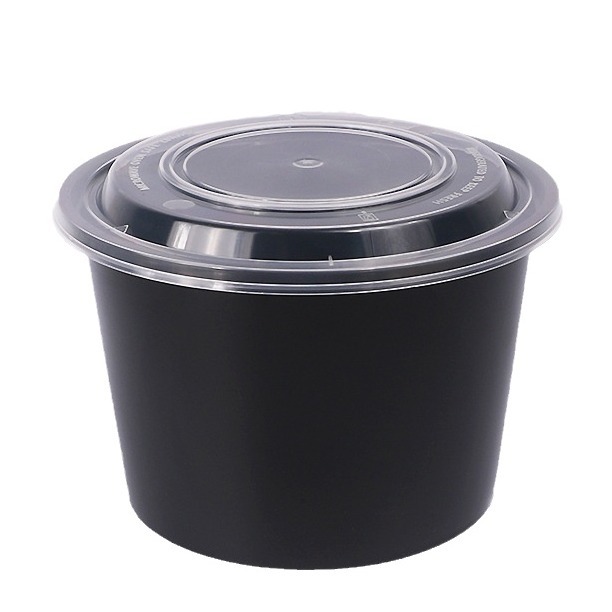 Fiambrera desechable caja de embalaje negra redonda de grado alimenticio caja de comida para llevar de plástico grueso caja de comida rápida tazón redondo con tapa