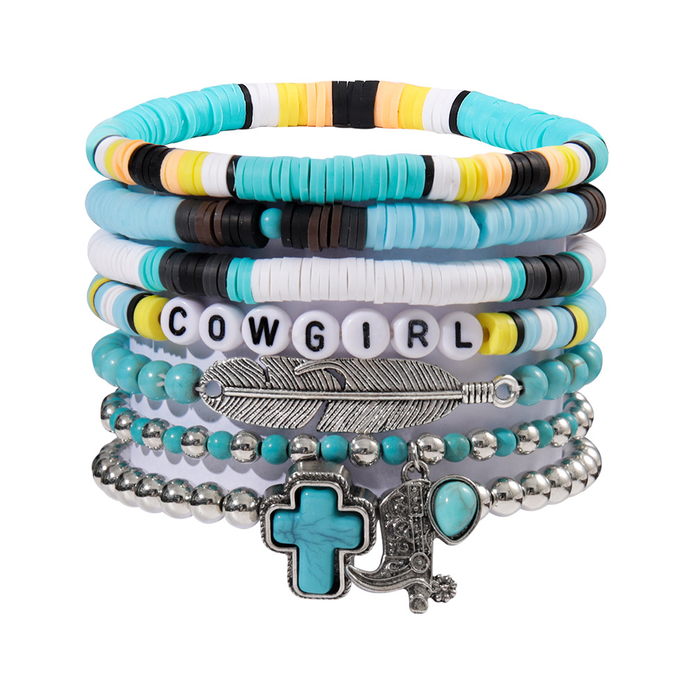 49g Weight Alloy Pendant Material Bracelets Classification Beaded, Turquoise Chain Material 1 Set Quantity Daily Occasion Beaded, Alloy, turquoise Material Cross, Cattle, Boots Pattern Women's Gender Retro Style Retro Cross Cattle Boots Beaded Alloy Turquoise  Beaded Bracelets Wholesale 19