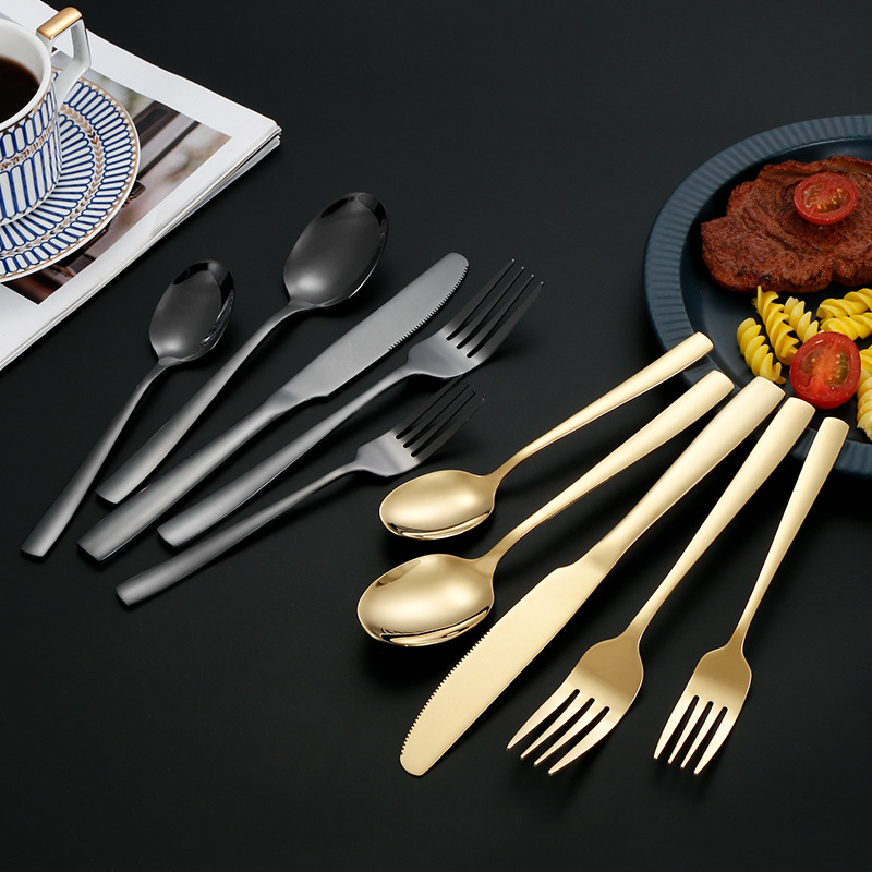 Suministro directo de Amazon mango cuadrado vajilla de acero inoxidable cuchillo de comida occidental tenedor cuchara Hotel europeo cuchillo de carne tenedor cuchara traje