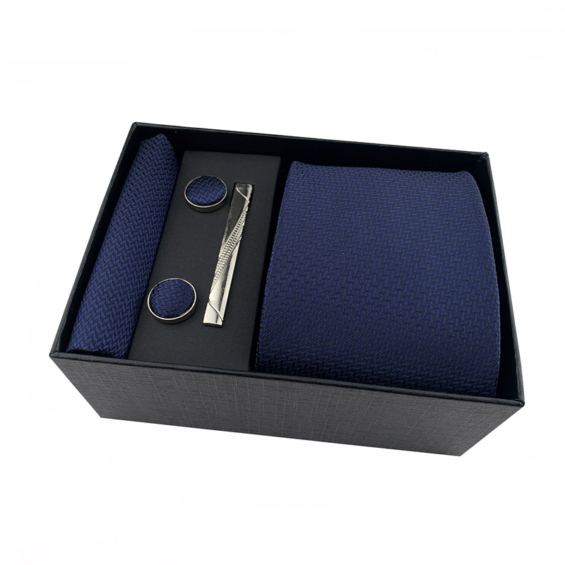 2025 nueva caja de regalo negra de negocios para hombres, corbata lisa a rayas, bufanda de bolsillo, clip de corbata, traje de regalo