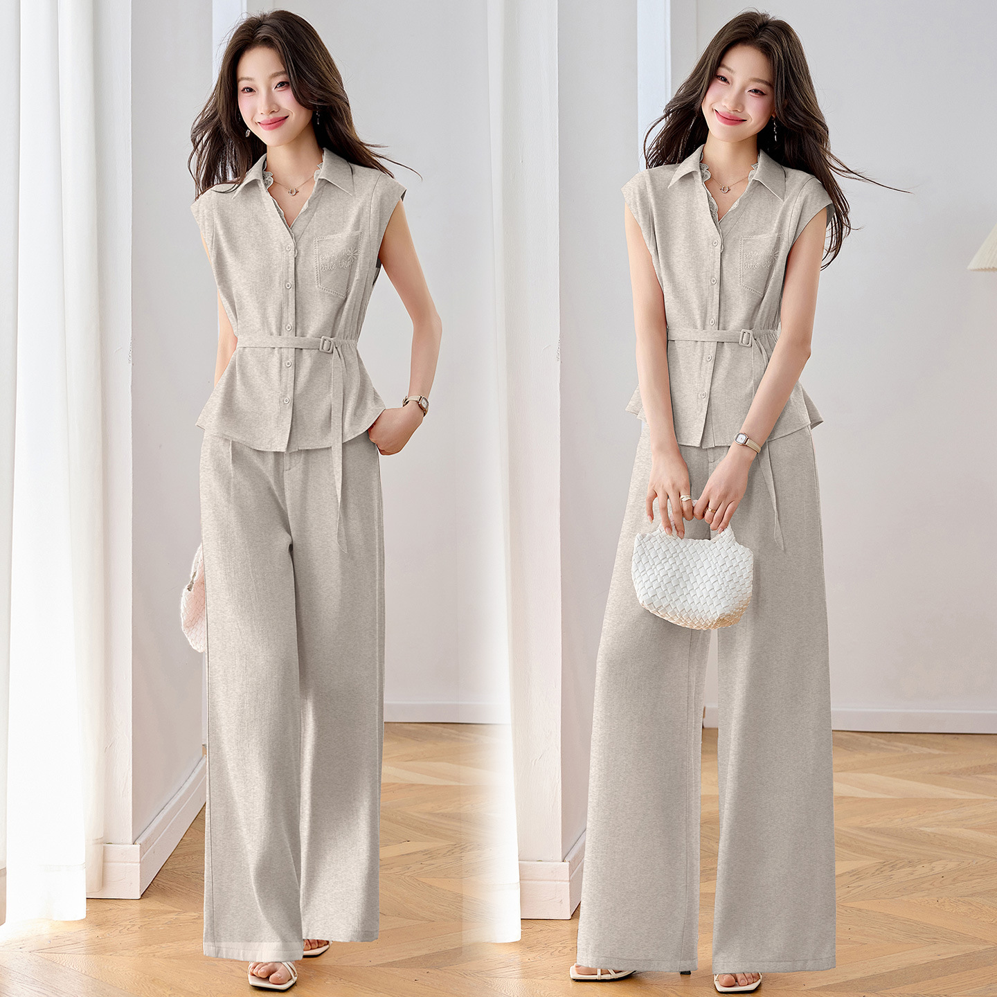 Bộ quần áo nữ mùa hè cao cấp gồm áo sơ mi dây rút và quần ống rộng — Xám gạo, Màu hồng