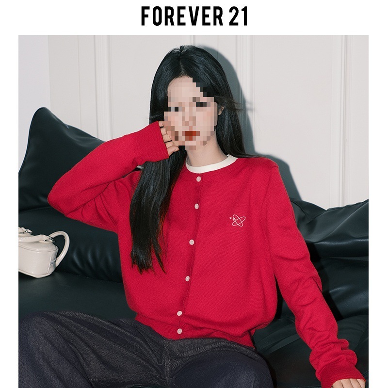 Forever21克莱因蓝别致刺绣针织开衫女ins宽松上衣慵懒松弛感毛衣|undefined