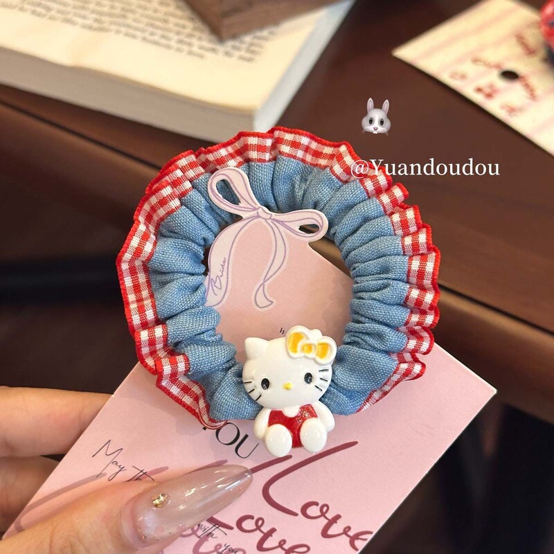 甜美可爱kitty猫牛仔肠圈女孩软萌简约KT小猫发圈扎发高马尾头绳|undefined