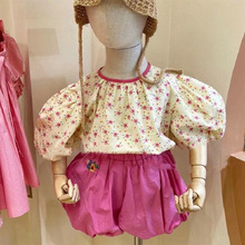 童裝批發女童套裝夏季2022新款兒童圓領泡泡袖上衣加花苞褲兩件套