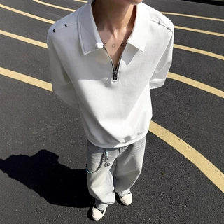 青春百搭cleanfit半拉链翻领Polo卫衣男款秋季感美式正肩长袖T恤