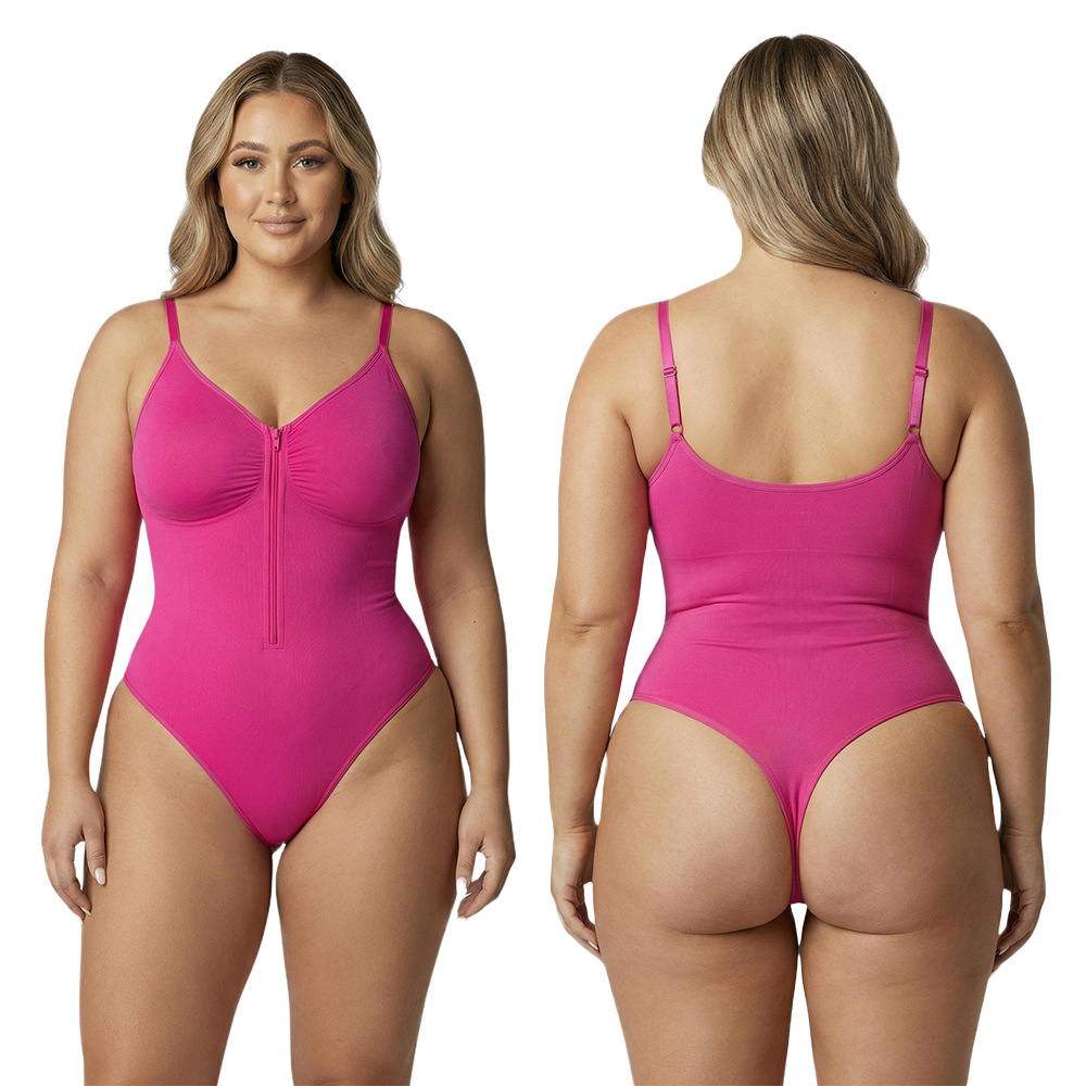 Tummy control and butt-lifting shapewear for women, seamless one-piece with front zipper, waist cincher, W-shaped push-up, plus size thong
