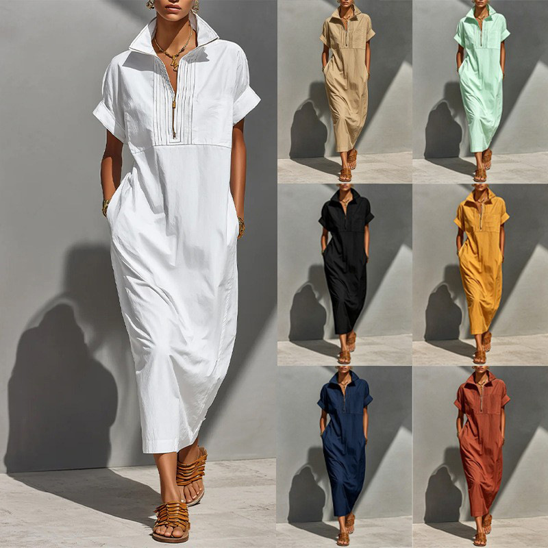2026 New European and American Style Shirt-Style Jumpsuit for Women with Stand Collar, Half-Button Closure, Loose Fit, Pockets, Mid-Length, Cross-Border Hot Item