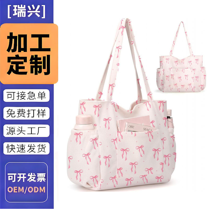 New women's pastoral style corduroy handbag, fresh floral tote bag, versatile bag for daily shopping, cross-border model