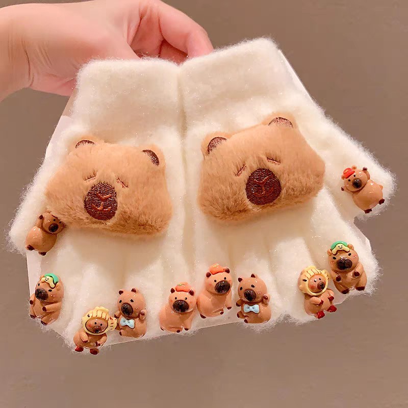 Guantes para niños Capibara – Modelo de invierno con cinco dedos, forro de terciopelo cálido.
