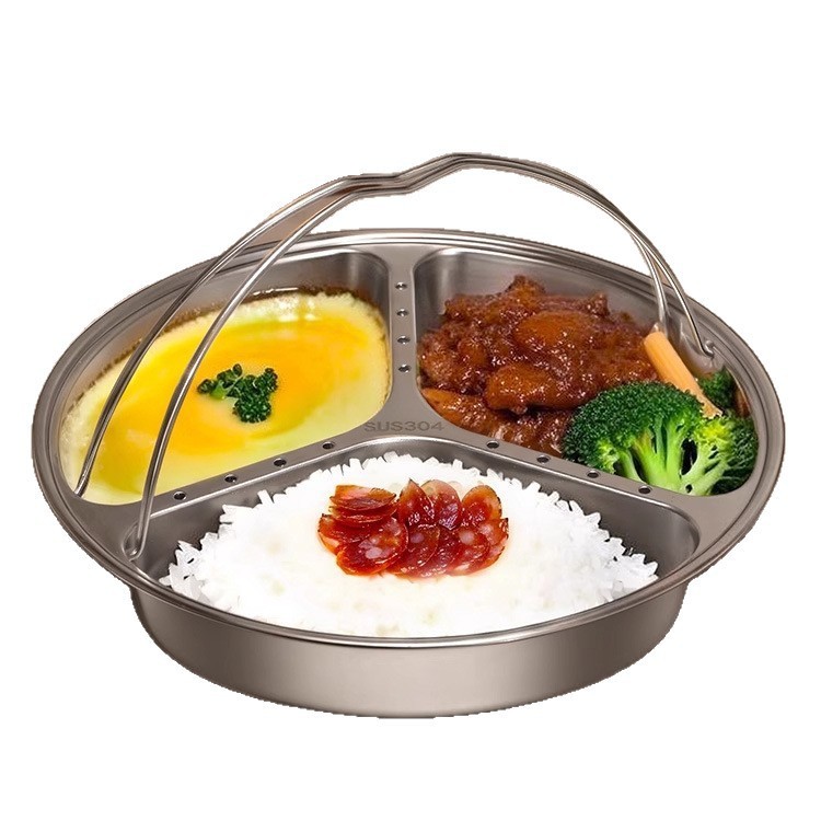 食品グレード 304 ステンレス鋼 3 コンパートメント食品補助蒸しトレイ炊飯器ポータブル防水蒸しラックベビーコンパートメント蒸しトレイ|undefined
