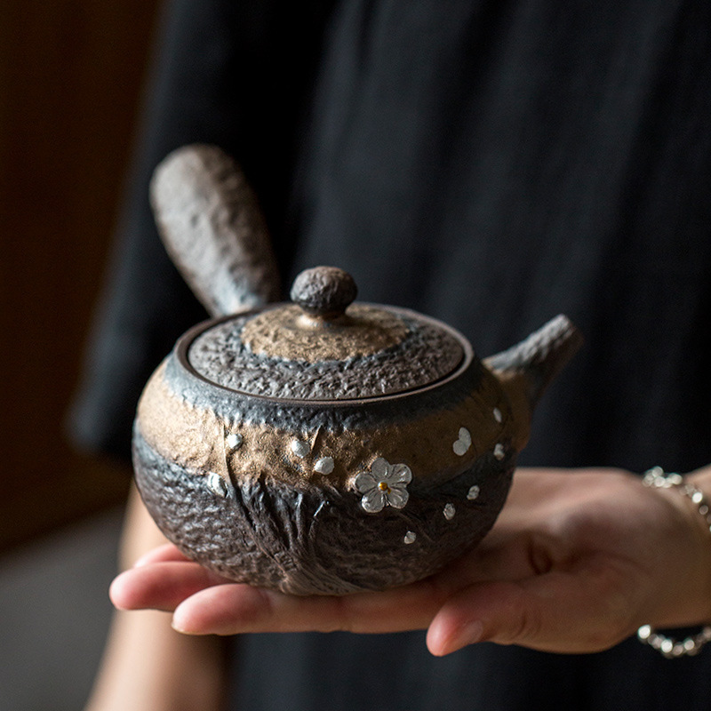 Rough Pottery Side Handle Teapot for Home Use, Retro Teapot with Filter Holes Inside, Gilt Glaze and Silver Plum Blossom Pattern Rough Pottery Side Handle Teapot for Home Use, Retro Teapot with Filter Holes Inside, Gilt Glaze and Silver Plum Blossom Pattern