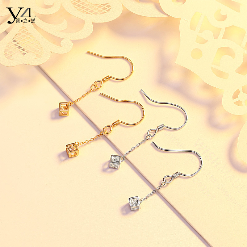 日韩925纯银耳钩爱情魔方耳坠简约气质锆石耳钉女耳环银饰品批发