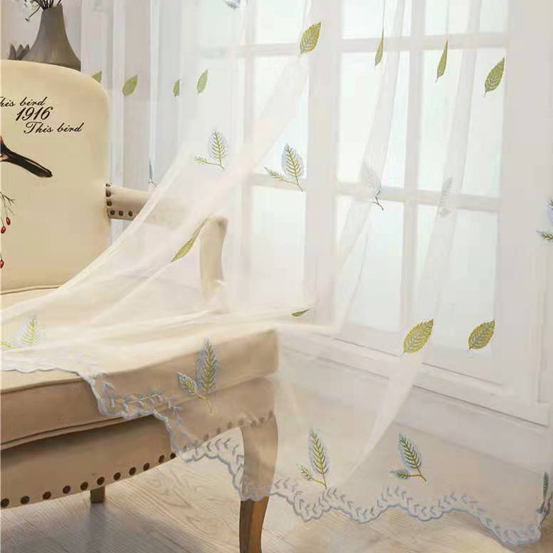 北欧田园蕾丝客厅卧室简约现代白色透光田园叶子绣花窗帘窗纱纱帘