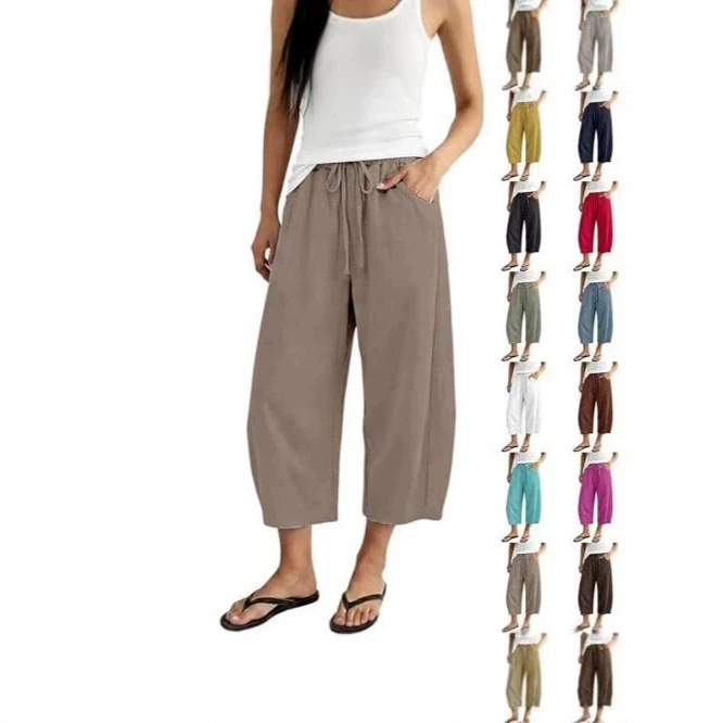 2026 Summer Casual Bohemian Style Women's Linen Capri Pants with Curved Cut and Drawstring Wide Legs 2026 Summer Casual Bohemian Style Women's Linen Capri Pants with Curved Cut and Drawstring Wide Legs