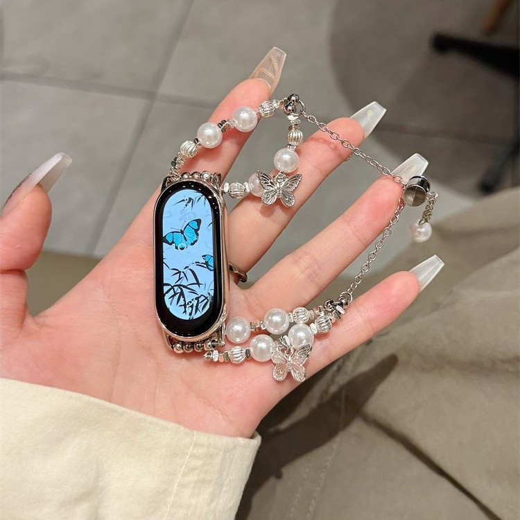 Suitable for Xiaomi Mi Band 10 Strap Nfc Version Pearl Broken Silver Butterfly Bracelet Summer 56789 Replacement Strap for Women