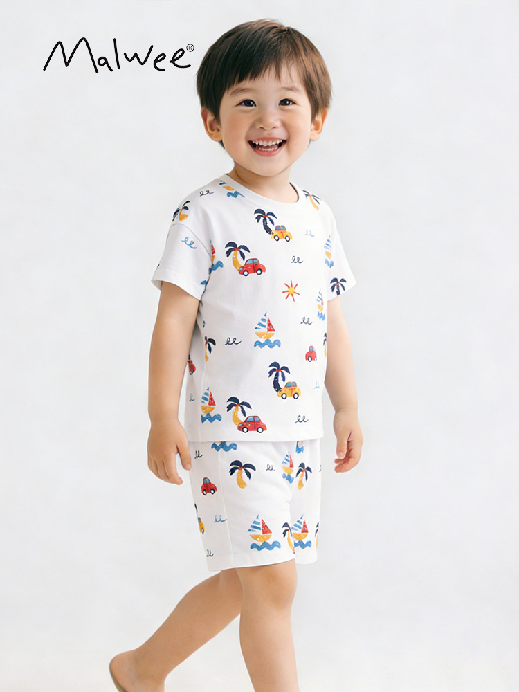Trajes transfronterizos malwee para niños, ropa de verano, nueva ropa para el hogar, niños de mediana edad guapo, cuello redondo, manga corta, dos piezas.