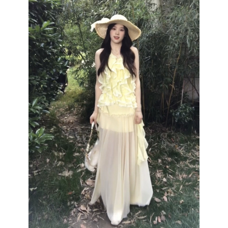 法式度假风套装女夏季辣妹荷叶边挂脖吊带甜辣玫瑰半身长裙两件套|undefined