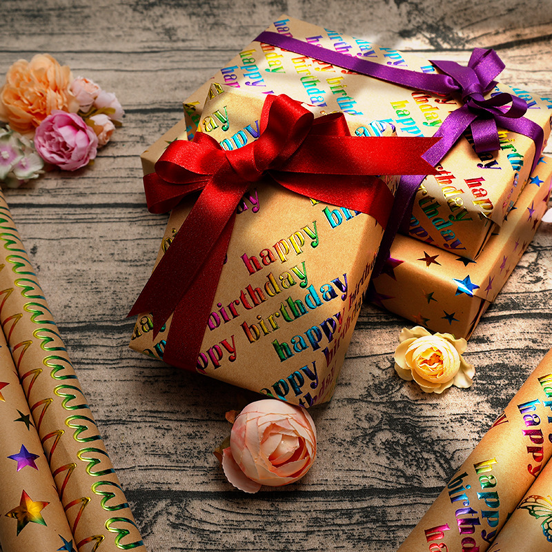 Transfronterizos para feliz cumpleaños, regalo de San Valentín, papel de embalaje de alto nivel, estampado concavo, rollo de kraft retro