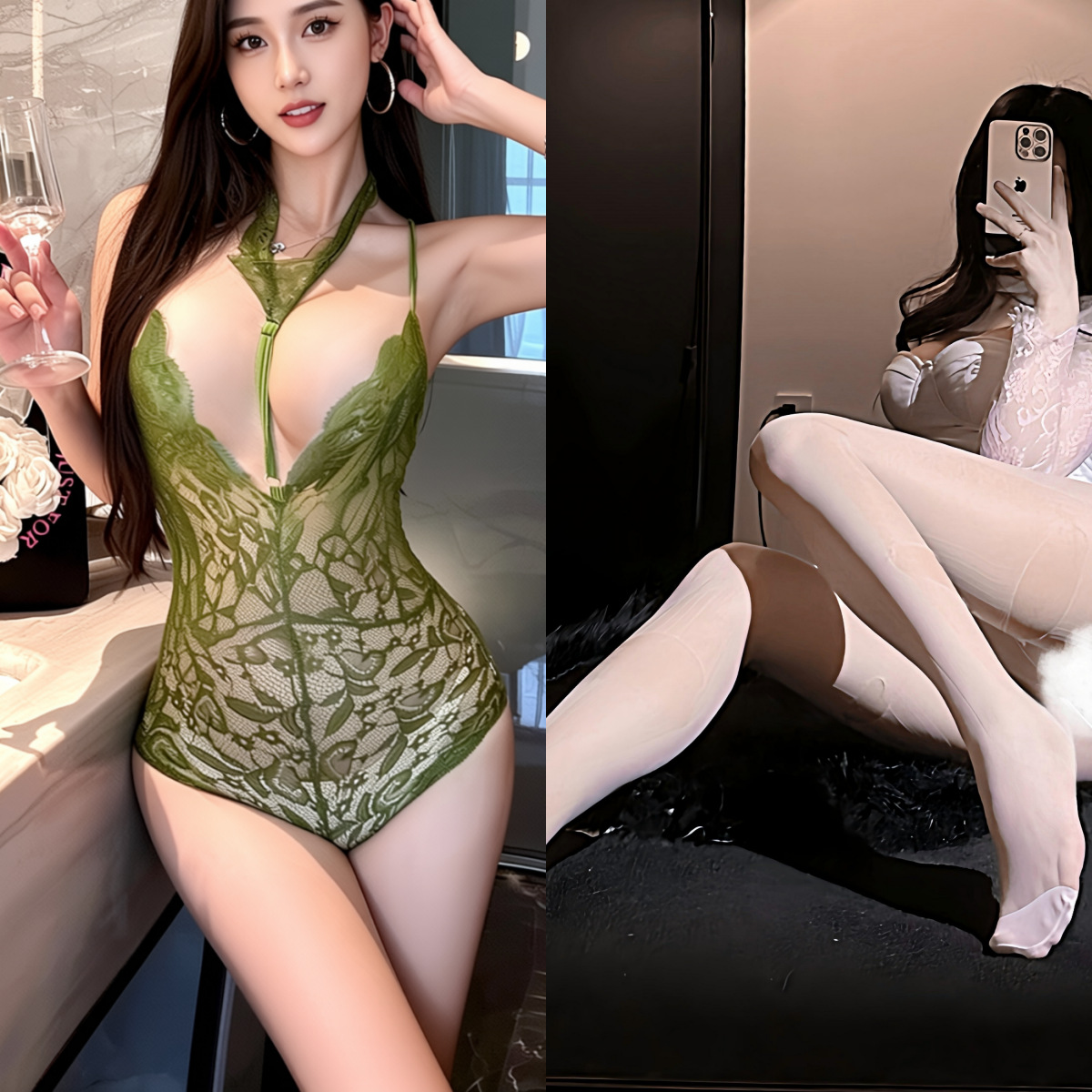 녹색 + 흰색 손으로 찢은 양말